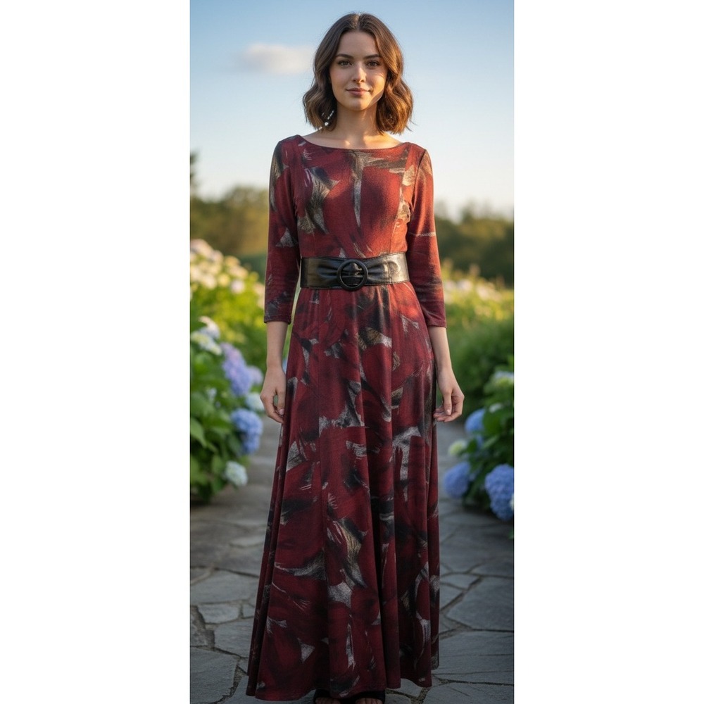Perceptions Floral Maxi Dress Boat Neck 3/4‎ Sleeve Belted Red Y2K Cottage Sz 14